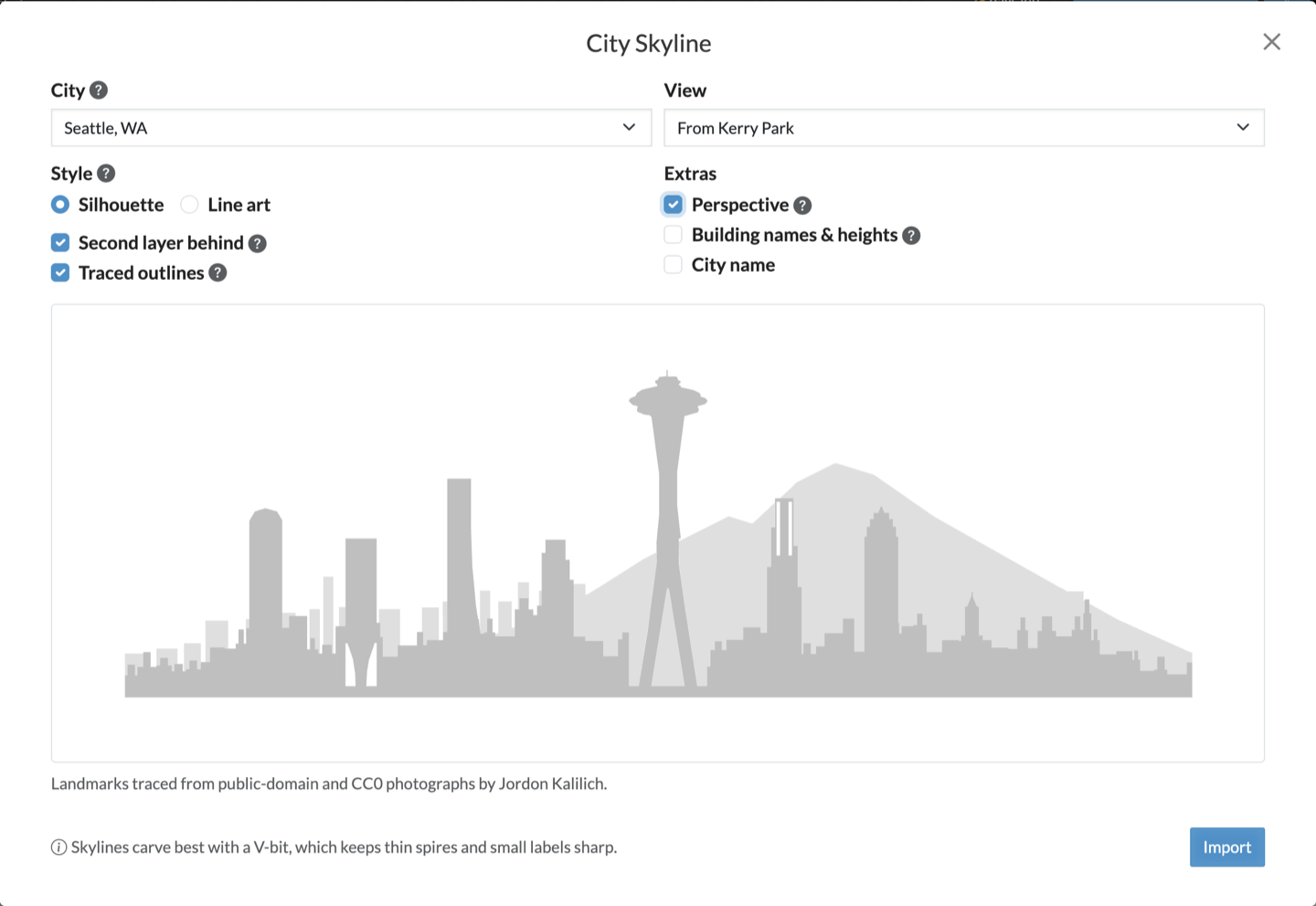 Seattle from Kerry Park in perspective with traced outlines