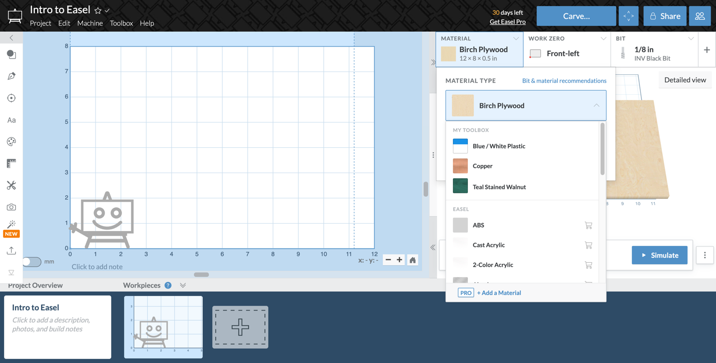 Material dropdown, My Toolbox section showing each custom material's swatch