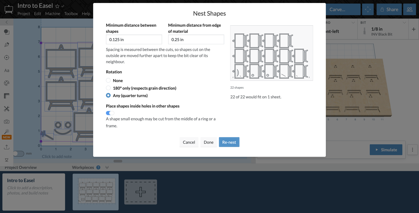Nest Shapes dialog with the controls on the left and the proposed arrangement on the right