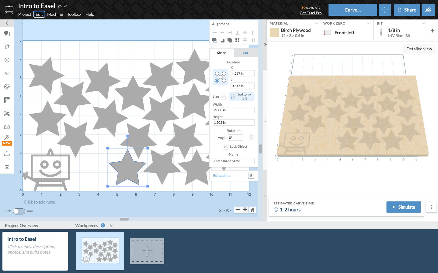 Canvas filled with 19 copies of a star, with the 3D preview alongside