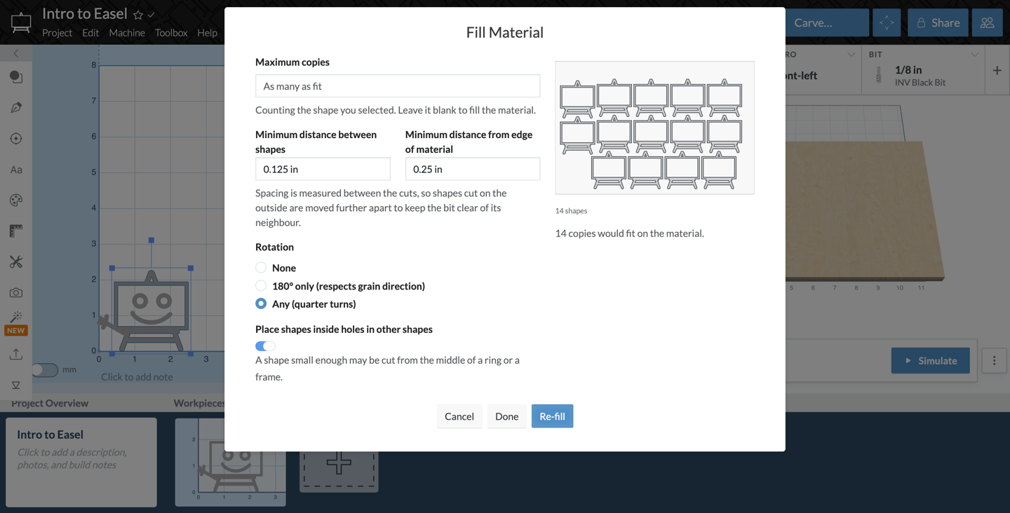 Fill Material dialog previewing 14 copies of a single shape