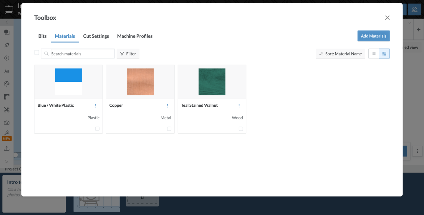Toolbox materials tab with three custom materials
