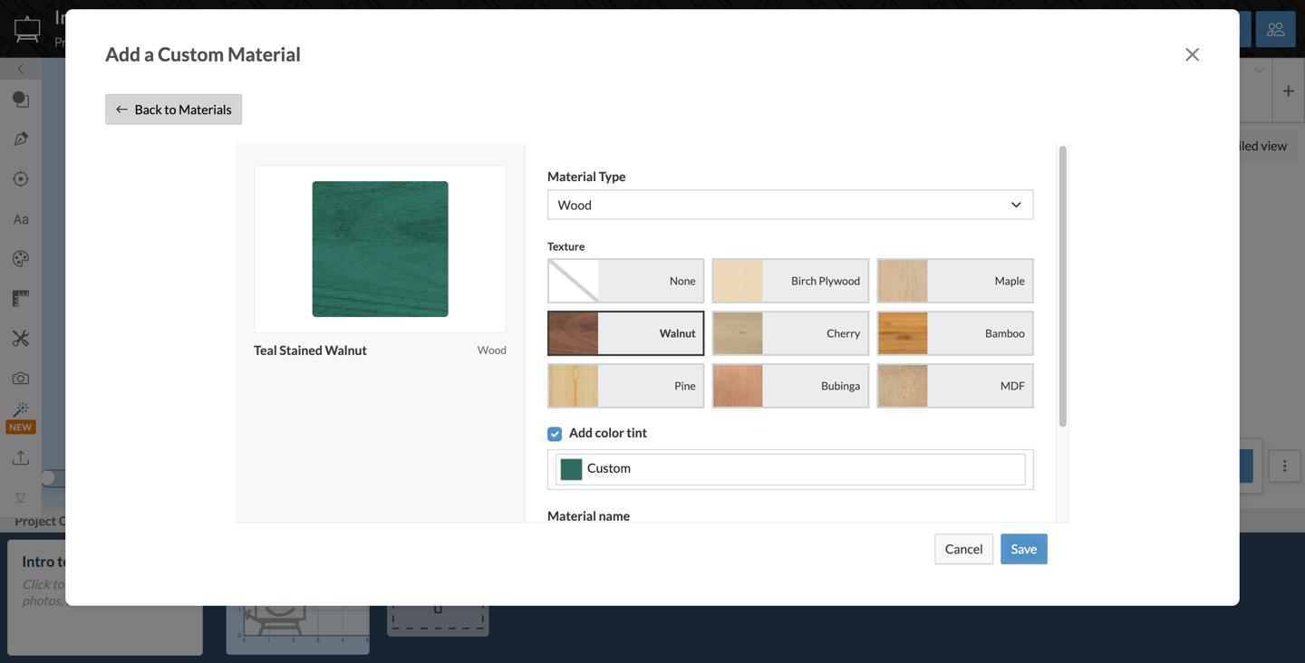 Custom material form, wood texture tiles with a tint applied