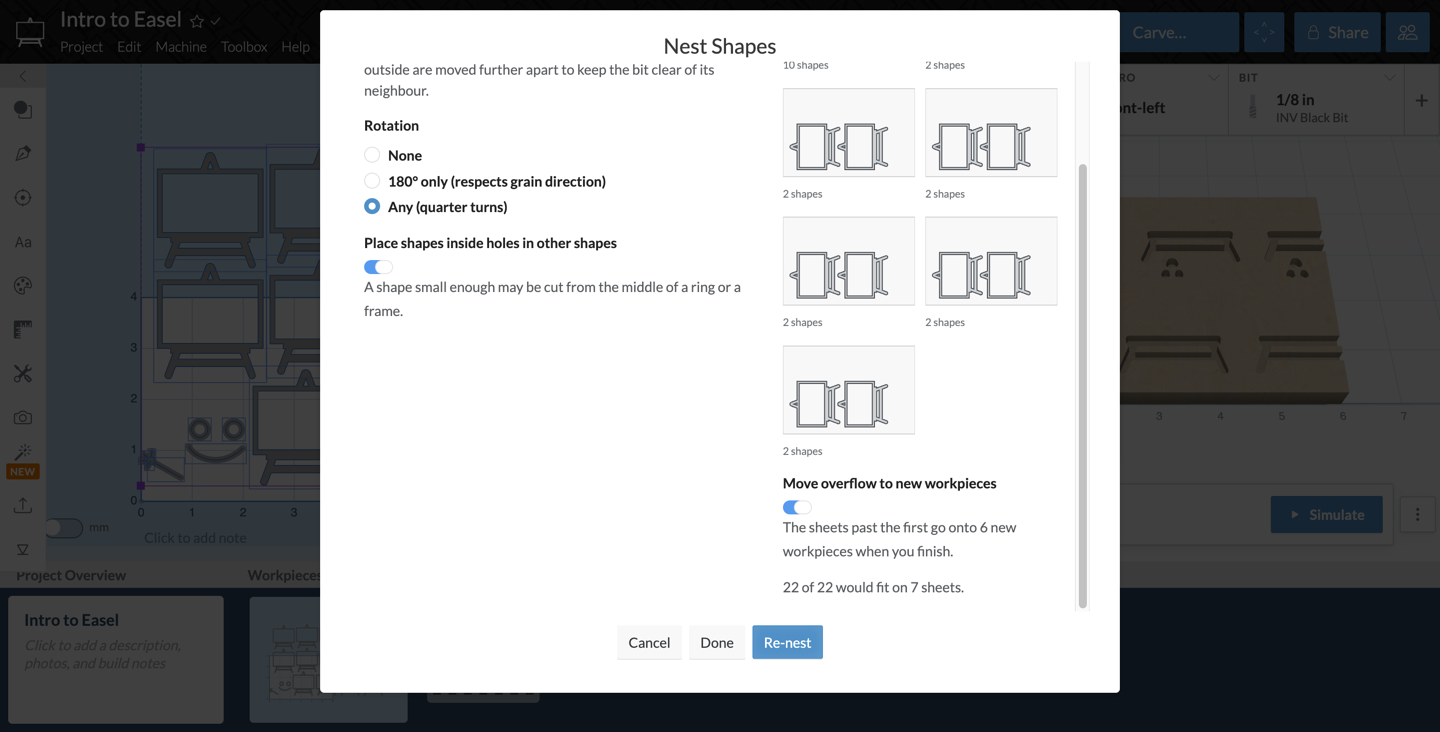 Nest Shapes dialog showing an arrangement that wraps onto seven sheets