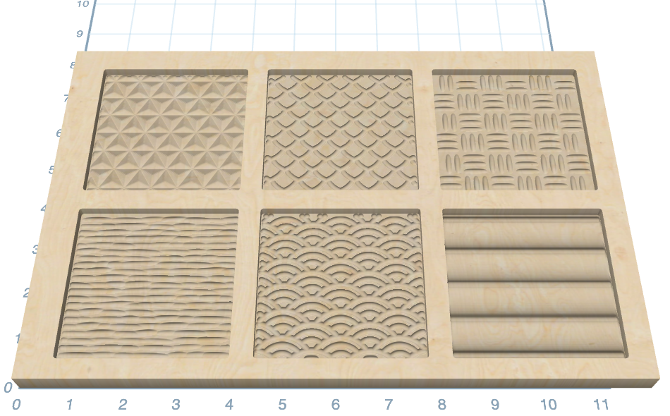 Six textured pockets in the 3D preview: Chip Carving, Dragon Scales, Basket Weave, Hand Carved, Seigaiha, and Reeded