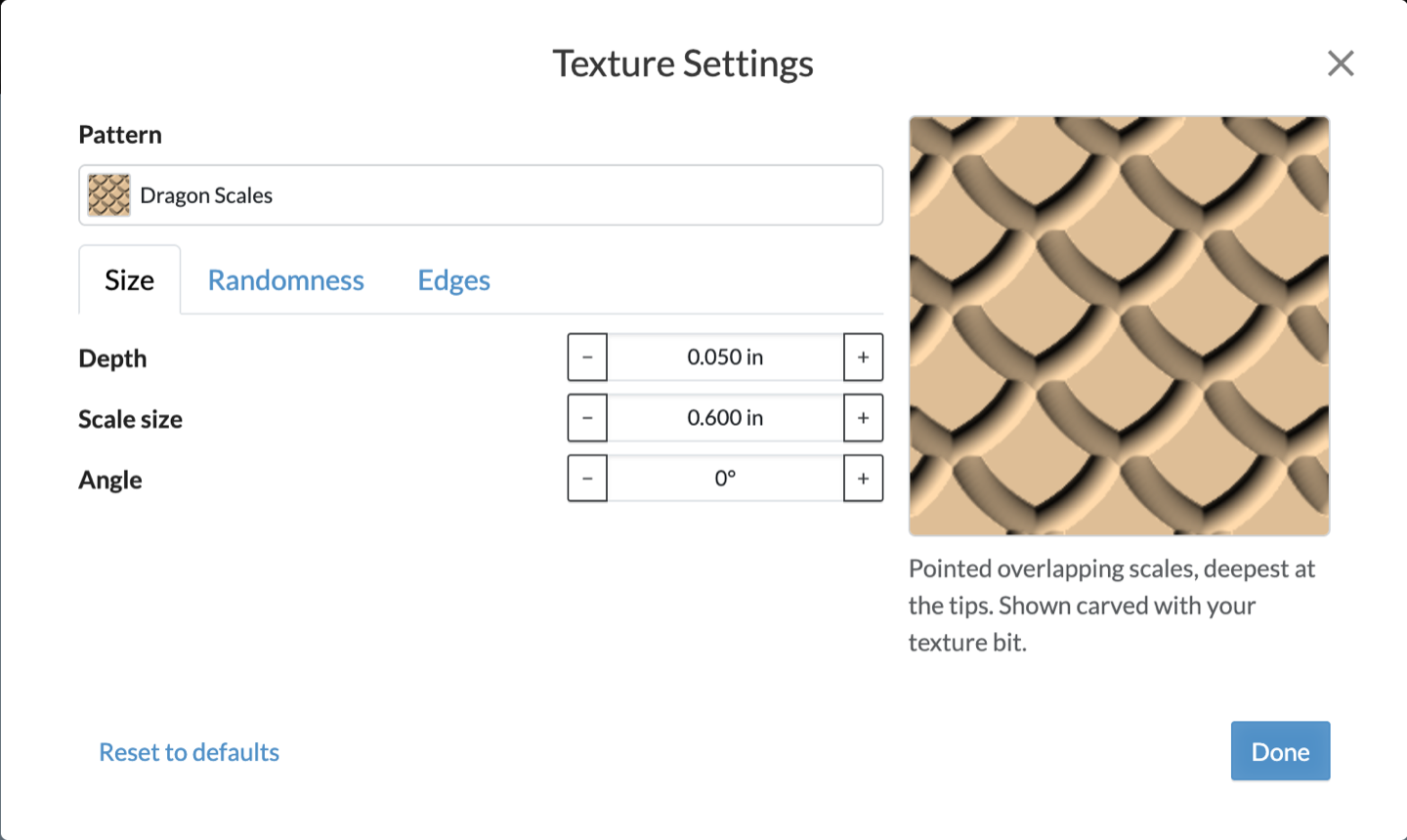 The Texture Settings dialog for Dragon Scales