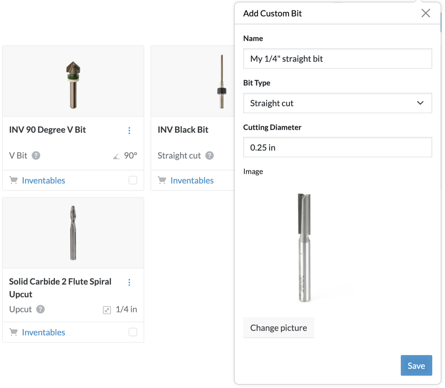 The Add Custom Bit form with a photo of a straight bit attached