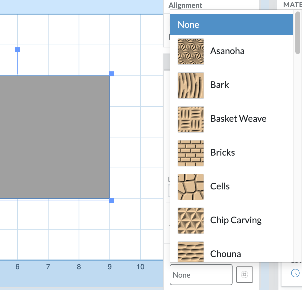 The Floor Texture menu in the Cut tab, showing pattern previews