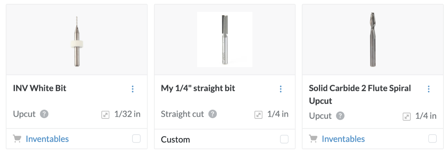 A custom straight bit with its own photo, between two catalog bits in the Toolbox