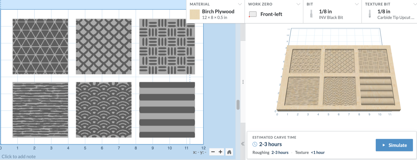 A textured sampler in the design canvas and 3D preview, with the texture pass in the carve estimate