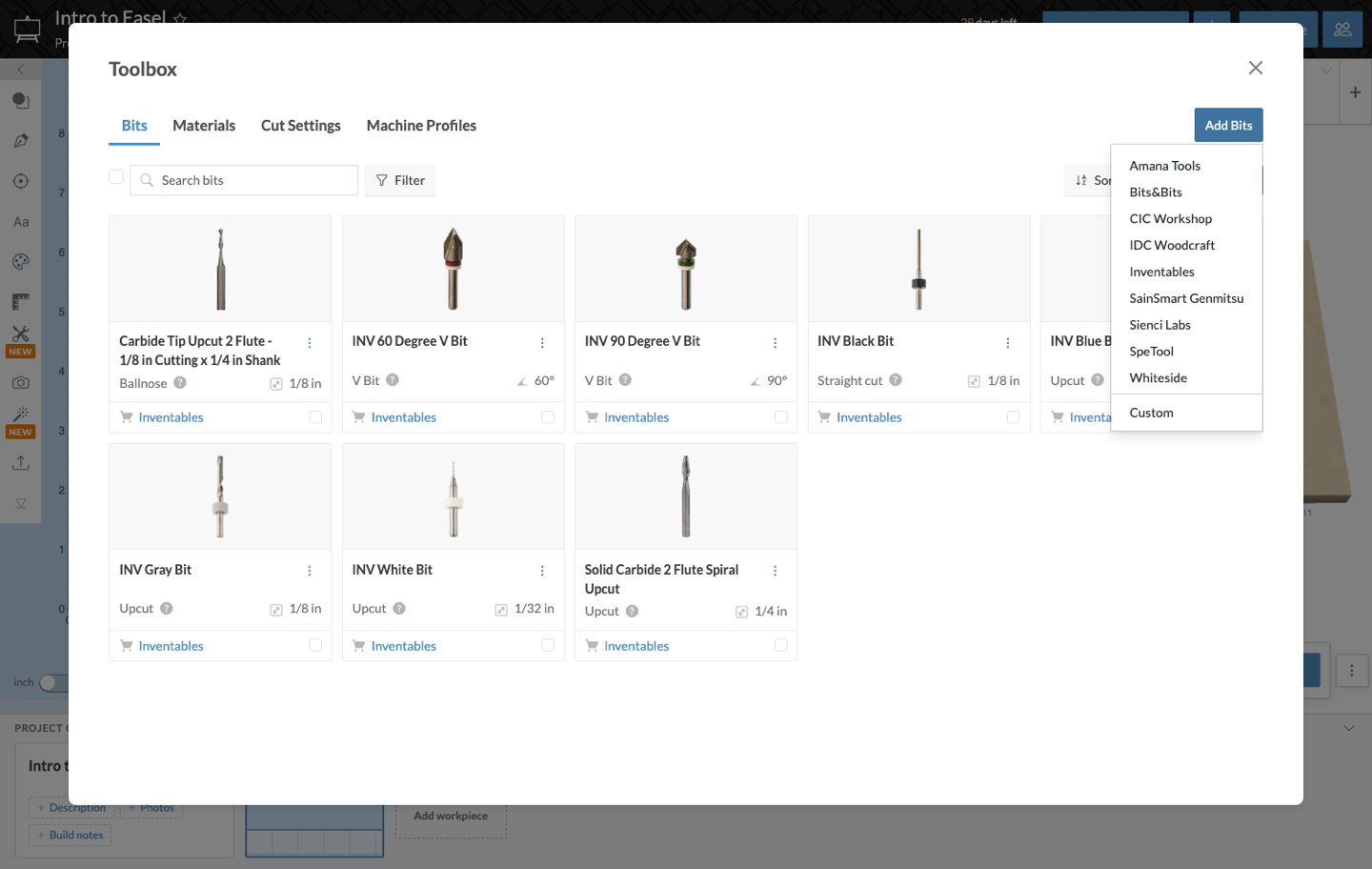 The Add Bits menu in the Toolbox, listing every vendor catalog